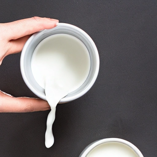 pour the milk from the bottle into a black mug, detailed