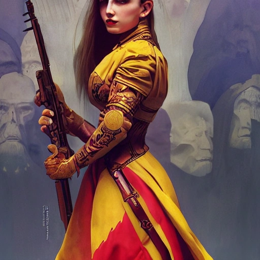  mdjrny-v4 style portrait, traditional handmade dress ukraine, armed female ,ultra realistic, concept art, elegant, ((intricate)), ((highly detailed)), ((professionally color graded)), 8k, art by artgerm and greg rutkowski and alphonse mucha, Moskow in fire, Putin killer background, blood, Ukraine win, yellow blue flag,