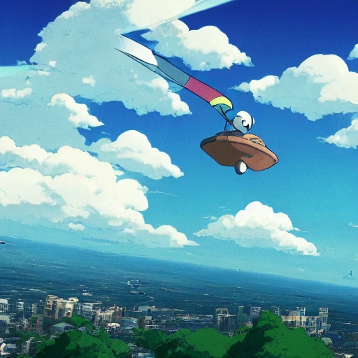 a flying small piece of cloth, overlooking the entirety of the blue sky with clouds, technological innovation of planes, studio ghibli, spirited away, brightly radiant atmosphere, overcast sky