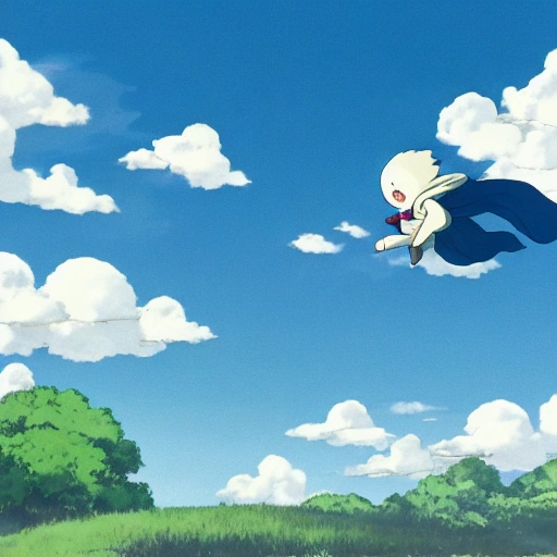 a flying small piece of cloth, overlooking the entirety of the blue sky with clouds, airplane innovation, studio ghibli, spirited away, brightly radiant atmosphere, overcast sky