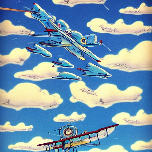 a piece of cloth flying in the bright blue sky, filled with clouds, being chased by planes from different technological eras. Hayao Miyazaki style with steampunk depictions of the objects