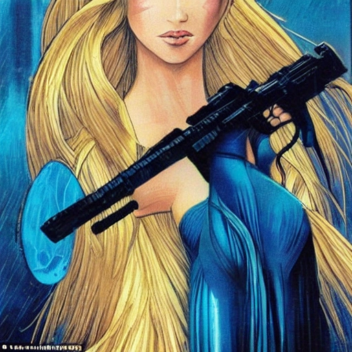 blonde with blue eyes, dressed in a long flowing  with blue  yellow dress and  weapons ,  eve, in a bladerunner dystopian future, 