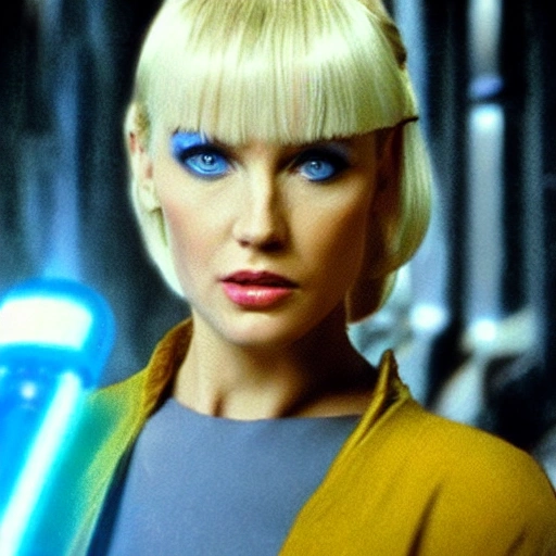 blonde with blue eyes, dressed in a long flowing  with blue  yellow dress and  lightsaber,  eve, in a bladerunner dystopian future, 