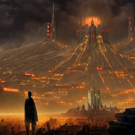 cyberpunk depiction of Minas Tirith from Lord of the Rings