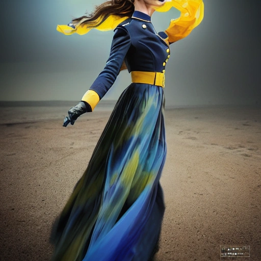 Beautiful face, portrait, military woman, full growth with blue eyes, dressed in a long flowing dress with blue  yellow colors, vibrant high contrast, hyperrealistic, photografic, 8k, epic ambient light, octane render, 