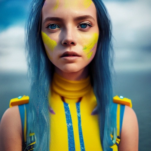 Beautiful face, detailed, close up portrait of girl, military, dressed in a long flowing dress with blue  yellow colors, vibrant high contrast, hyperrealistic, photografic, 8k, epic ambient light, octane render, 