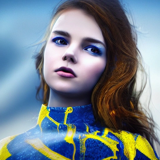 Beautiful face, detailed, close up portrait of girl, military, dressed in a long flowing dress with blue  yellow colors, vibrant high contrast, hyperrealistic, photografic, 8k, epic ambient light, octane render, 