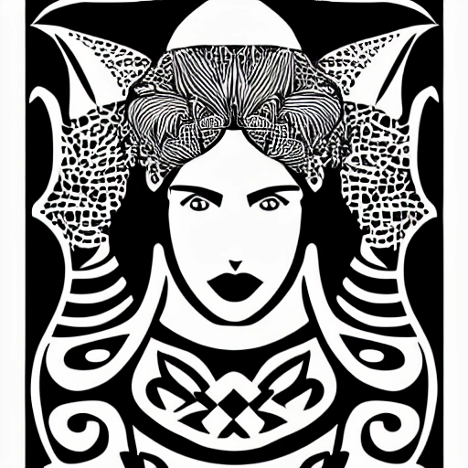 Symmetry, one woman, witch, herbalist and only facing front, black and white, white background, no background, ink fine line art stylized, vector