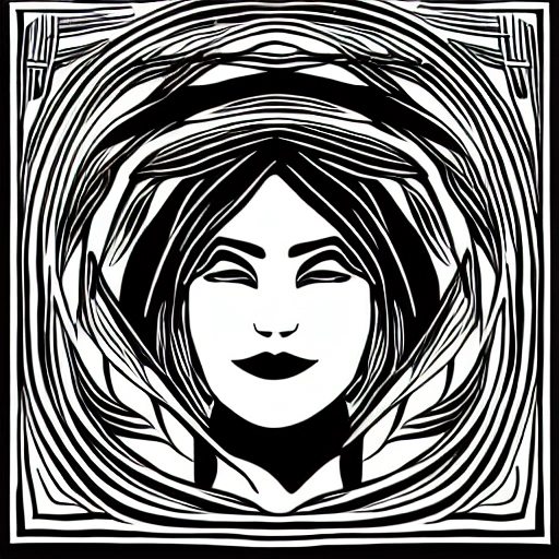 Symmetry, one woman, witch, herbalist and only facing front, black and white, white background, no background, ink fine line art stylized, vector