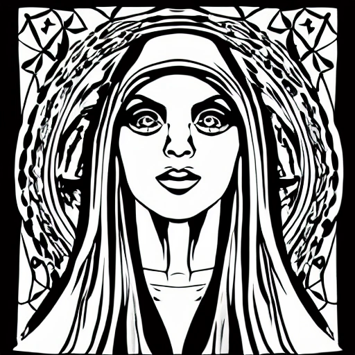 Symmetry, one woman, witch, herbalist and only facing front, black and white, white background, no background, ink fine line art stylized, vector