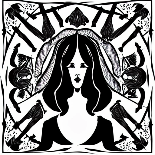 Symmetry, one woman, witch, herbalist and only facing front, black and white, white background, no background, ink fine line art stylized, vector