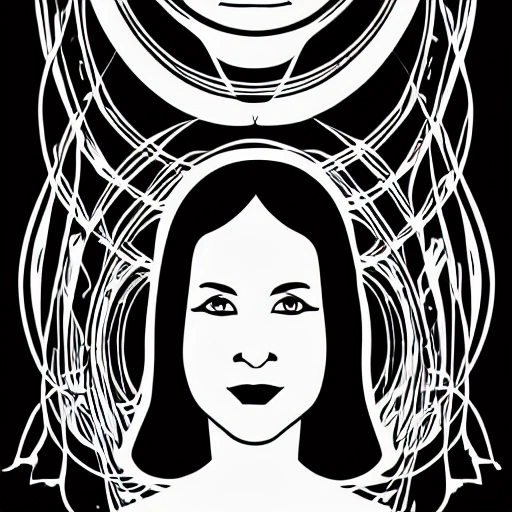 Symmetry, one woman, witch, herbalist and only facing front, black and white, white background, no background, ink fine line art stylized, vector