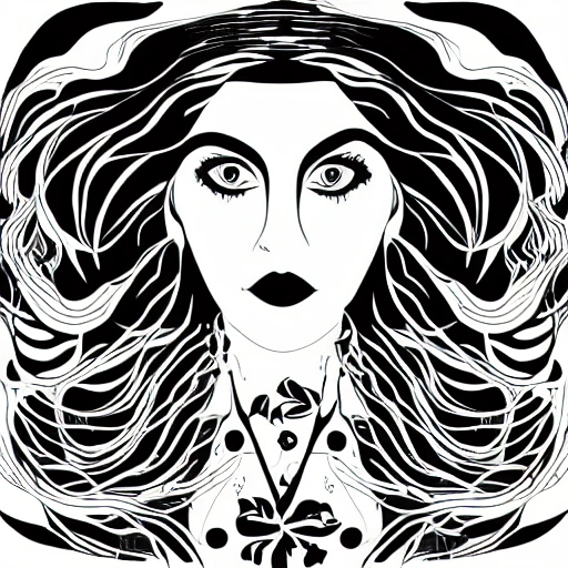 Symmetry, one woman, witch, herbalist and only facing front, black and white, white background, no background, ink fine line art stylized, vector