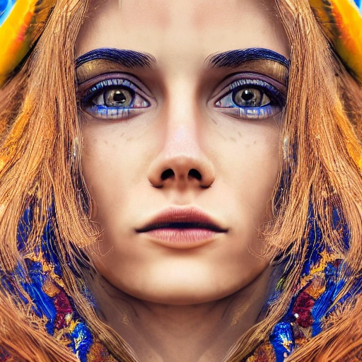  symmetric Front view, intricate, hyperrealistic render ultra detailed, Beautiful face, detailed, close up portrait of girl, military, dressed in a long flowing dress with blue  yellow colors, vibrant high contrast, hyperrealistic, photografic, 8k, epic ambient light, octane render, 