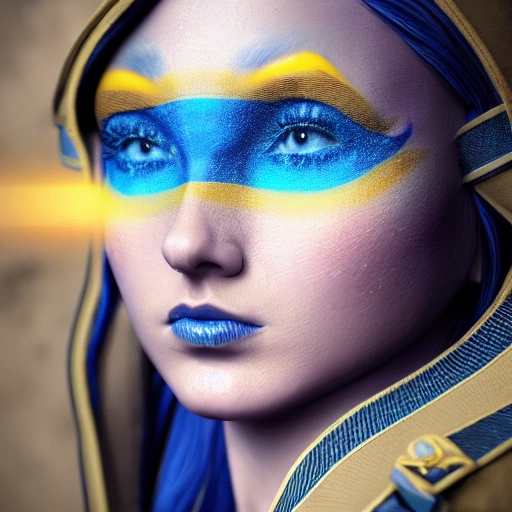 intricate, hyperrealistic render ultra detailed, Beautiful face, detailed, close up portrait of girl, military, dressed in a long flowing dress with blue  yellow colors, vibrant high contrast, hyperrealistic, photografic, 8k, epic ambient light, octane render, 