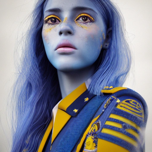 intricate, hyperrealistic render ultra detailed, Beautiful face, detailed, close up portrait of girl, military, dressed in a long flowing dress with blue  yellow colors, vibrant high contrast, hyperrealistic, photografic, 8k, epic ambient light, octane render, 