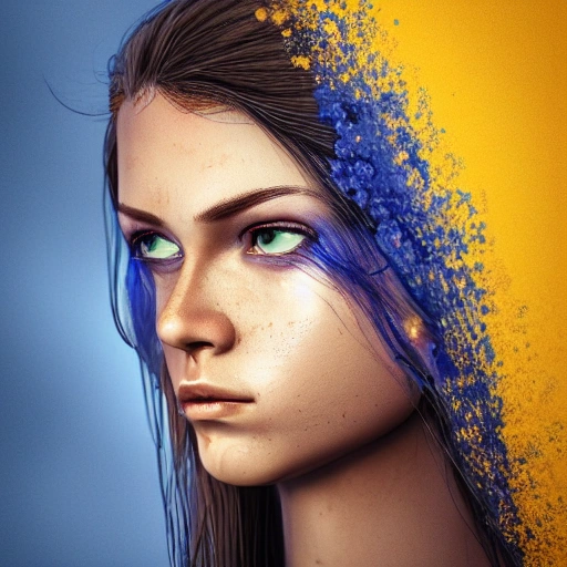 intricate, hyperrealistic render ultra detailed, Beautiful face, detailed, close up portrait of girl, military, dressed in a long flowing dress with blue  yellow colors, vibrant high contrast, hyperrealistic, photografic, 8k, epic ambient light, octane render,  war face