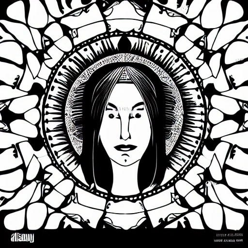 Symmetry, one woman, witch, herbalist and only facing front, black and white, white background, no background, ink fine line art stylized, vector