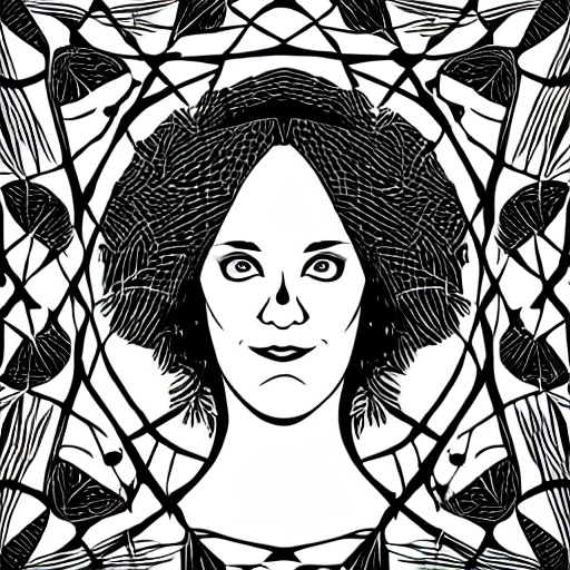 Symmetry, one woman, witch, herbalist and only facing front, black and white, white background, no background, ink fine line art stylized, vector