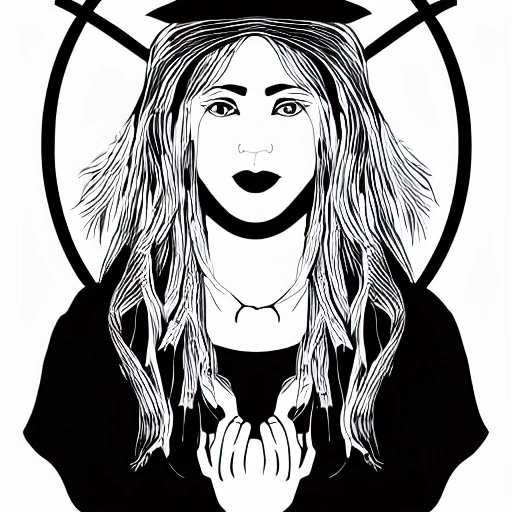 Symmetry, one woman, witch, herbalist and only facing front, black and white, white background, no background, ink fine line art stylized, vector