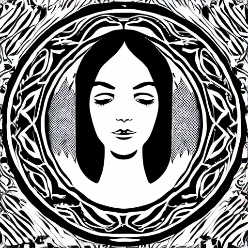 Symmetry, one woman, witch, herbalist and only facing front, black and white, white background, no background, ink fine line art stylized, vector