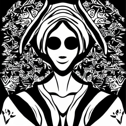 Symmetry, one woman, witch, herbalist and only facing front, black and white, white background, no background, ink fine line art stylized, vector