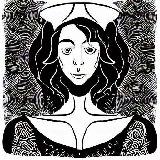 Symmetry, one woman, witch, herbalist and only facing front, black and white, white background, no background, ink fine line art stylized, vector