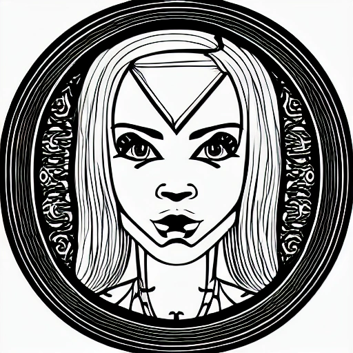 Symmetry, one woman, witch, herbalist and only facing front, black and white, white background, no background, ink fine line art stylized, vector