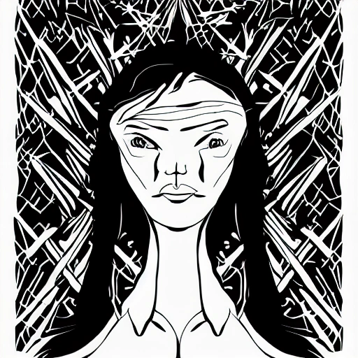 Symmetry, one woman, witch, herbalist and only facing front, black and white, white background, no background, ink fine line art stylized, vector