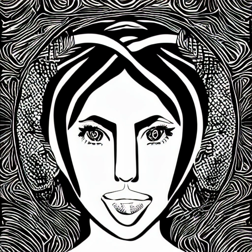 Symmetry, one woman, witch, herbalist and only facing front, black and white, white background, no background, ink fine line art stylized, vector