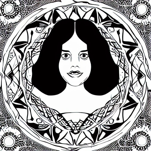 Symmetry, one woman, witch, herbalist and only facing front, black and white, white background, no background, ink fine line art stylized, vector