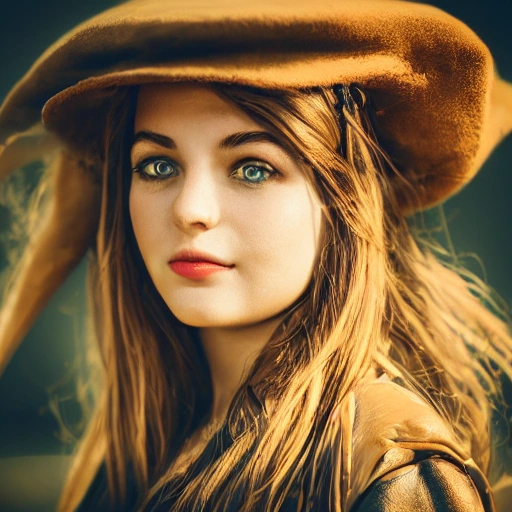 detailed, close up portrait of girl standing in a steampunk city with the wind blowing in her hair, cinematic warm color palette, spotlight, perfect symmetrical face