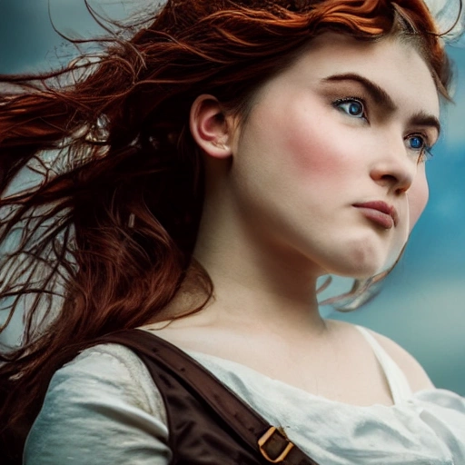 detailed, close up portrait of girl standing in a steampunk city with the wind blowing in her hair, cinematic warm color palette, spotlight, perfect symmetrical face