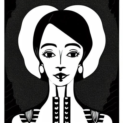 Symmetry, one woman, witch, herbalist and only facing front, black and white, white background, no background, ink fine line art stylized, vector