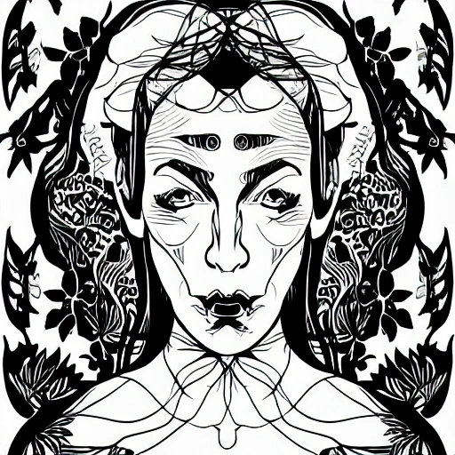 Symmetry, one woman, witch, herbalist and only facing front, bla ...