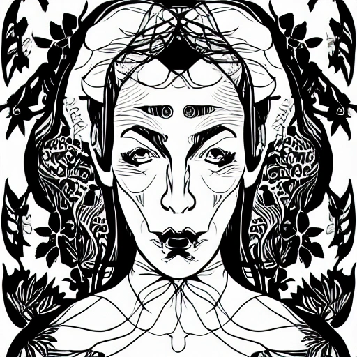 Symmetry, one woman, witch, herbalist and only facing front, black and white, white background, no background, ink fine line art stylized, vector