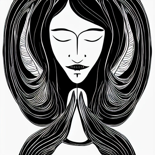 Symmetry, one woman, witch, herbalist and only facing front, black and white, white background, no background, ink fine line art stylized, vector