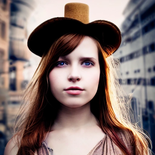 detailed, close up portrait of girl standing in a steampunk city with the wind blowing in her hair, cinematic warm color palette, spotlight, perfect symmetrical face