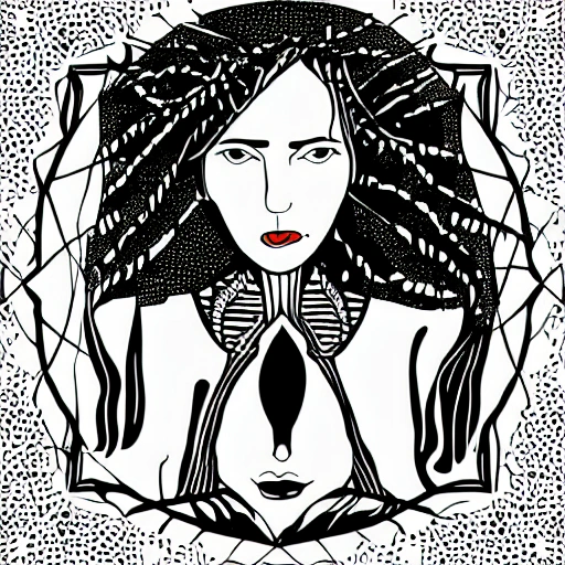 Symmetry, one woman, witch, herbalist and only facing front, black and white, white background, no background, ink fine line art stylized, vector