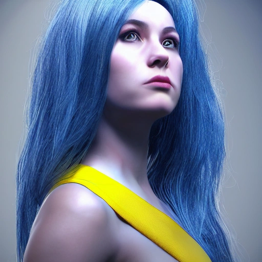 SPACE PORTRAITS /// mdjrny-v4 style, hyperrealistic render ultra detailed, Beautiful face, detailed, close up portrait of girl, military, dressed in a long flowing dress with blue  yellow colors, vibrant high contrast, hyperrealistic, photografic, 8k, epic ambient light, octane render,  war face