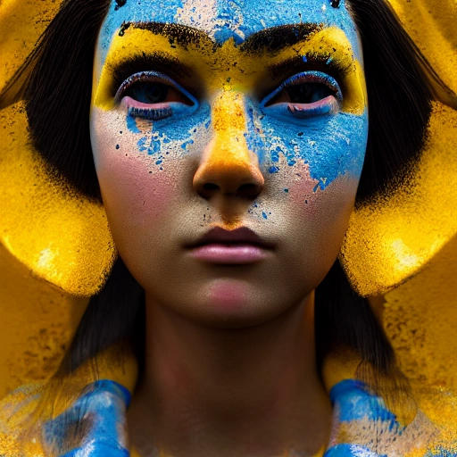 MILITARY PORTRAITS /// mdjrny-v4 style, hyperrealistic render ultra detailed, Beautiful face, detailed, close up portrait of girl,  dressed in a dress with blue  yellow colors, vibrant high contrast, hyperrealistic, photografic, 8k, epic ambient light, octane render,  war face