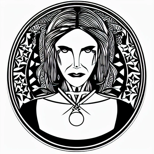 Symmetry, one woman, witch, herbalist and only facing front, black and white, white background, no background, ink fine line art stylized, vector