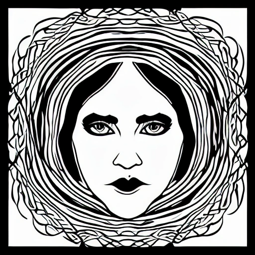 Symmetry, one woman, witch, herbalist and only facing front, black and white, white background, no background, ink fine line art stylized, vector