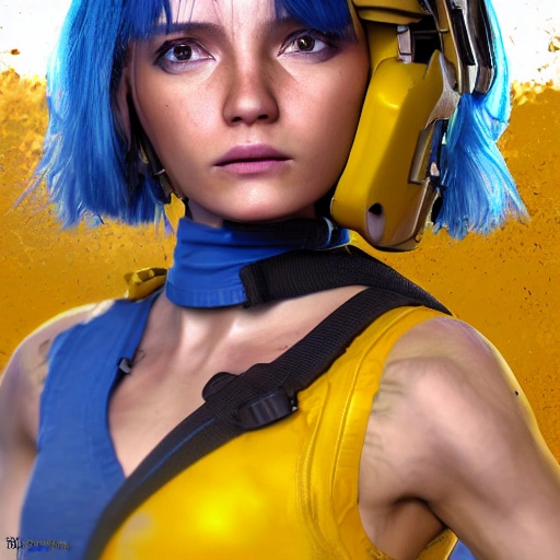 MILITARY STYLE /// mdjrny-v4 style, hyperrealistic render ultra detailed, Beautiful face, detailed, close up portrait of girl,  dressed in a dress with blue  yellow colors, vibrant high contrast, hyperrealistic, photografic, 8k, epic ambient light, octane render,  war face