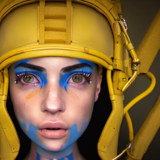 MILITARY STYLE /// mdjrny-v4 style, hyperrealistic render ultra detailed, Beautiful face, detailed, close up portrait of girl,  dressed in a dress with blue  yellow colors, vibrant high contrast, hyperrealistic, photografic, 8k, epic ambient light, octane render,  war face