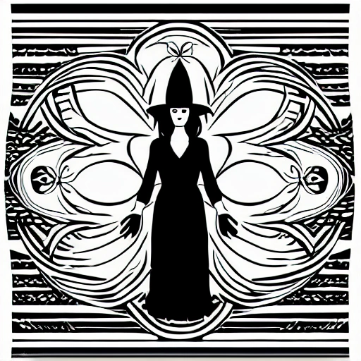 Symmetry, one woman, witch, herbalist and only facing front, black and white, white background, no background, ink fine line art stylized, vector