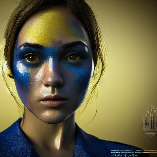 MILITARY STYLE /// retro style, hyperrealistic render ultra detailed, Beautiful face, detailed, close up portrait of girl,  dressed in a dress with blue  yellow colors, vibrant high contrast, hyperrealistic, photografic, 8k, epic ambient light, octane render,  war face