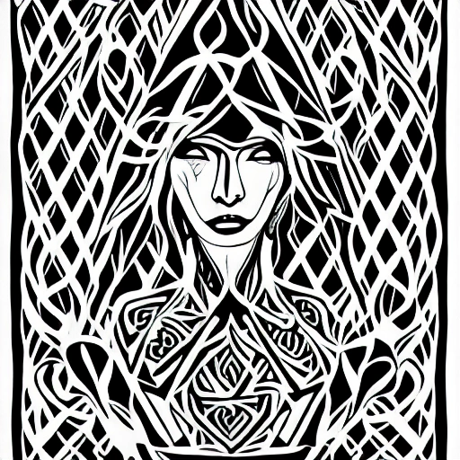 Symmetry, one woman, witch, herbalist and only facing front, black and white, white background, no background, ink fine line art stylized, vector