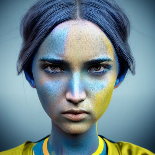 complex 3d render ultra detailed of MILITARY STYLE,, Beautiful face, detailed, close up portrait of girl,  dressed in a dress with blue  yellow colors, vibrant high contrast, hyperrealistic, photografic, 8k, epic ambient light, octane render,  war face