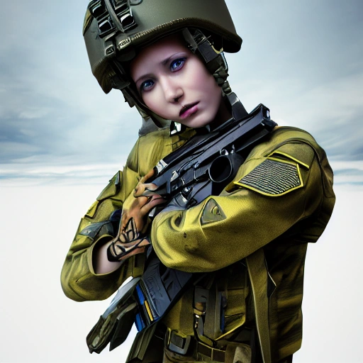 complex 3d render ultra detailed of MILITARY STYLE,, Beautiful face, detailed, close up portrait of girl,  dressed in a dress with blue  yellow colors, vibrant high contrast, hyperrealistic, photografic, 8k, epic ambient light, octane render,  war face